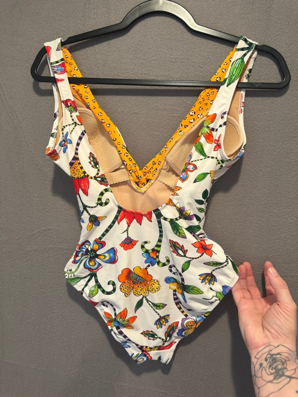 Floral V-Neck One-Piece Swimsuit in White and Yellow - Picture 4 of 4